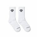 White unisex crew socks with black Diamond logos on a clean studio background