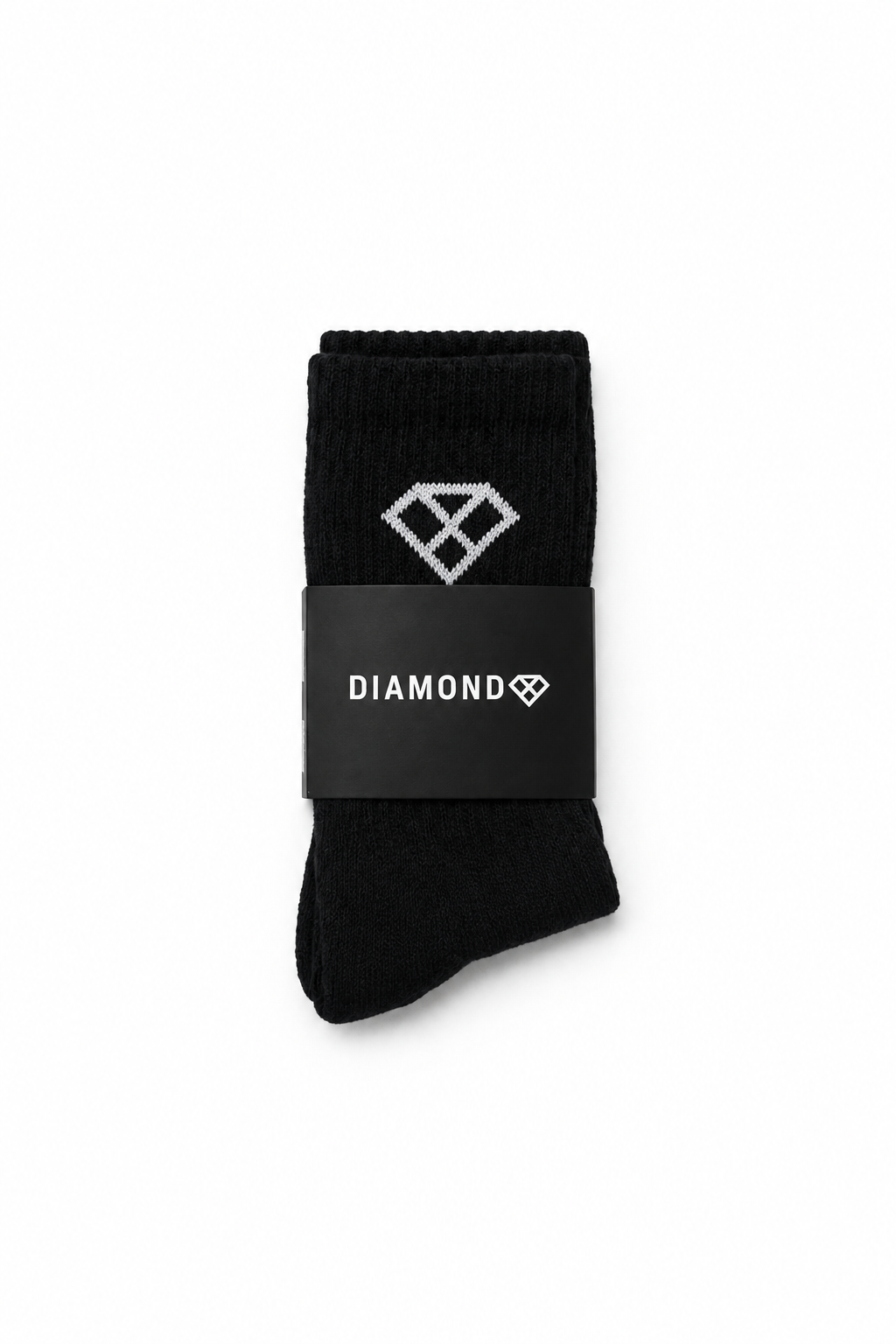 Single folded black crew sock with Diamond branding band on a clean white background
