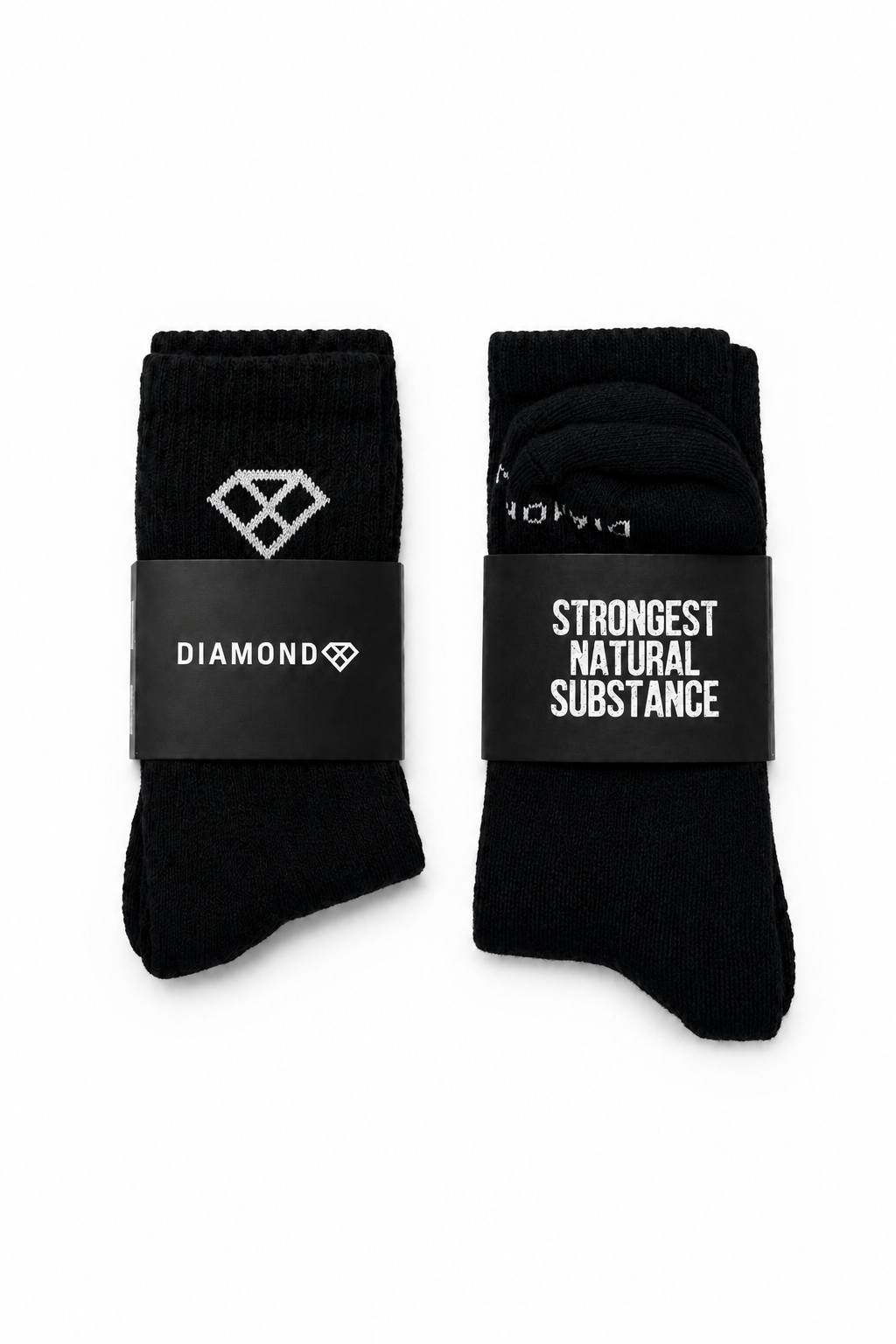 Two black packaged crew socks side by side, one with the Diamond band and one with the Strongest Natural Substance band