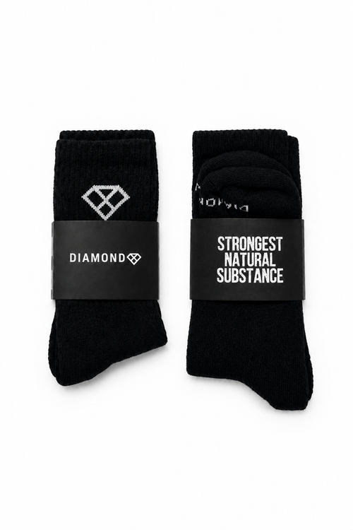 Two black packaged crew socks side by side, one with the Diamond band and one with the Strongest Natural Substance band