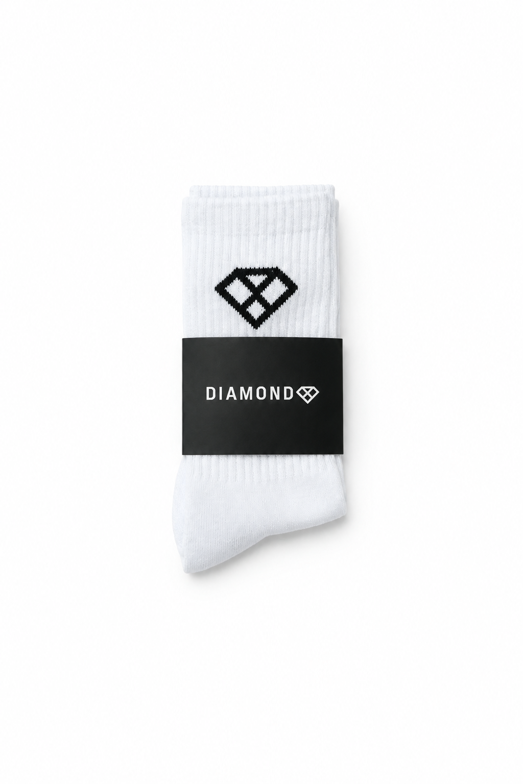 Upright folded white crew sock with black Diamond logo and black branded band on a clean white background